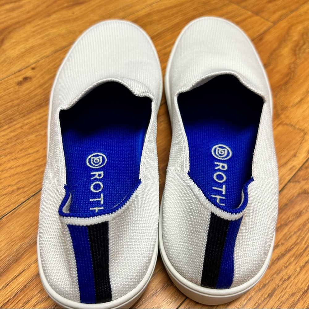 Rothy's White Slip-On Sneakers with Blue Insole and Trim - Picture 3 of 12